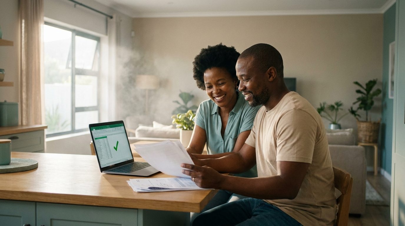 A relieved couple reviewing documents at home