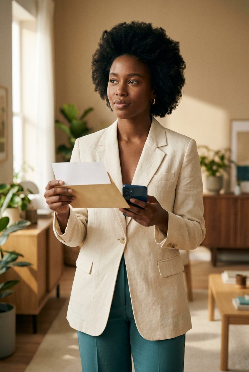 A calm, determined Texan holding a court letter and her phone